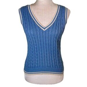 Women’s Blue Preppy Collegiate Sweater Vest Cable Knit Old Money Tenniscore Sz L